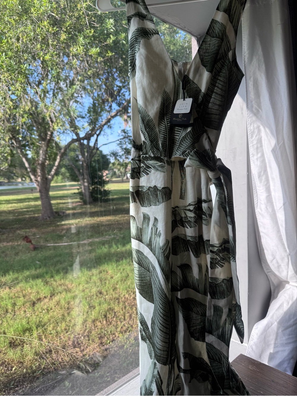 Massimo Dutti Linen Cream with Green Leaf Print Jumpsuit